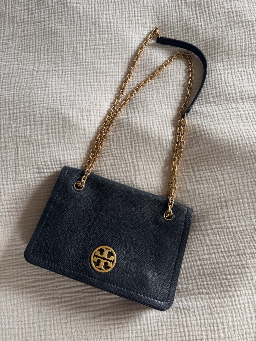Tory Burch Black Leather Shoulder Bag with Gold Hardware
